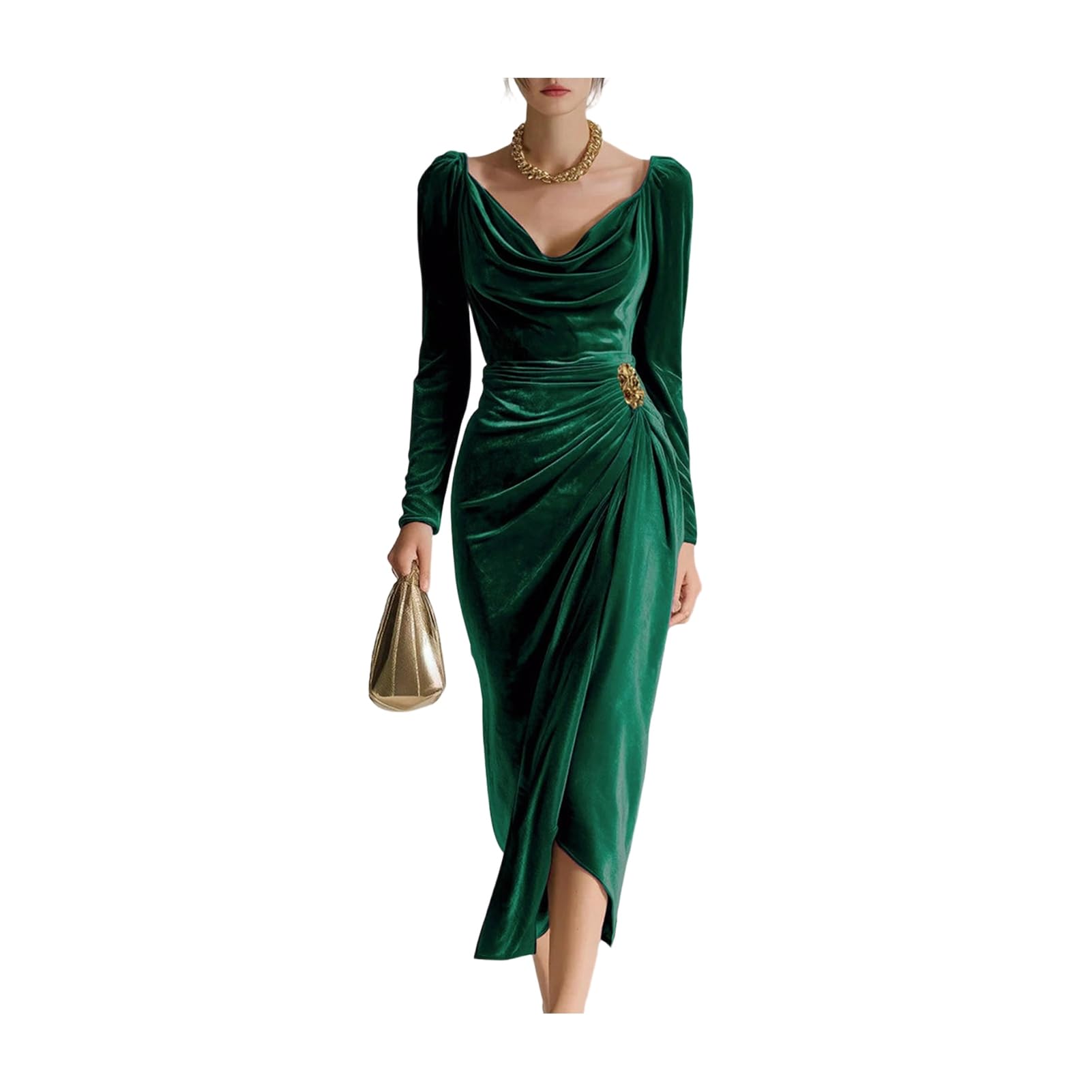 Robe midi en velours pour femme - Col bénitier - Manches longues - Froncée - Moulante - Fente fendue - Robe de soirée formelle - Robe de soirée formelle - Invité de