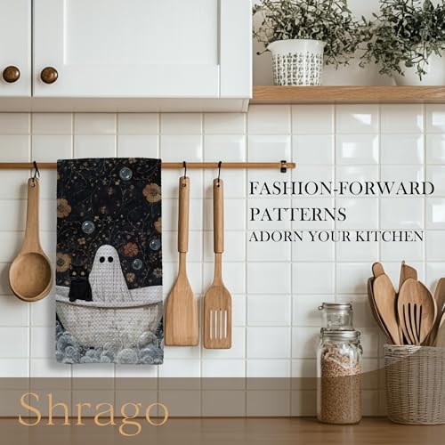Image of Ghost and Black Cat in Bathtub Bathroom Halloween Hand Towels, Halloween Bathroom Decor, Dark Academia Floral Gothic Ghost Cat Hand Towels for Bath Room Washroom, 16x24 Inch