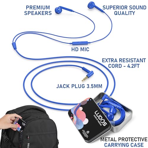 Image of LUDOS FEROX Wired Earbuds in-Ear Headphones, 5 Year Warranty, Earphones with Microphone, Noise Isolation Corded for 3.5mm Jack Ear Buds for iPhone, Samsung, Laptop, Kids, School Students - Blue