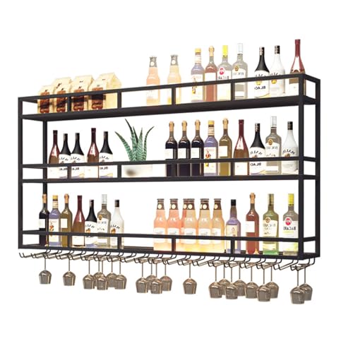 Large Heavy Duty 39in Wine Rack with LED Wall Mounted Bottle Glass Holder Under Shelf, 3-Tiers Liquor Floating Shelves Display Storage Organizer Hanging Long Stemware Goblet Metal for Home Bar