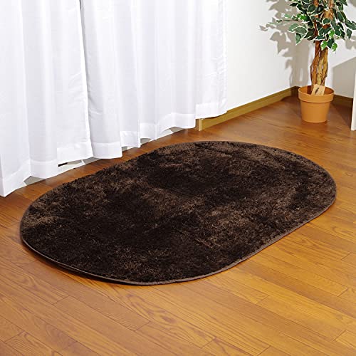 抗菌 防臭 長毛ラグカーペット ホットカーペットカバー 楕円形 100×150cm楕円 ブラウン 裏面:ドッドタイプ滑り止め加工