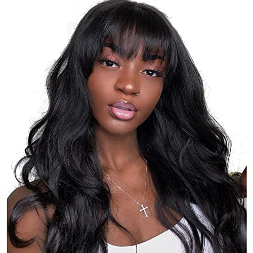 Wig with Bangs Human Hair - Body Wave Wig Long Black Wig with Bangs for Black women Brazilian None Lace Front Wig Glueless Machine Made Wigs 24 Inch Natural Color 130% Density