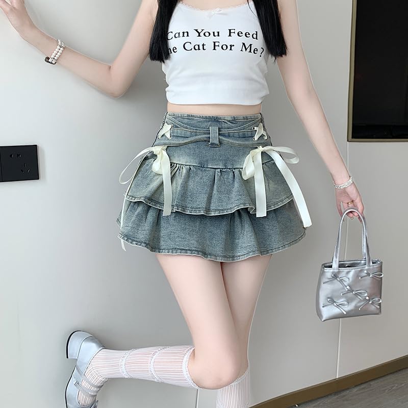 Y2K American Spicy Girl Denim Skirt, Women's Bow Low Waist Retro Pleated Skirt, Denim Cake Pleated Skirt2