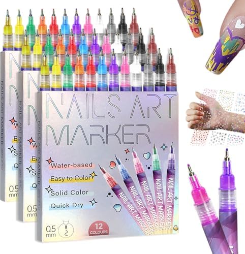12 Colors Nail Art Pens Set with 30 Stickers, Quick Dry Acrylic Markers for DIY Dotting Drawing Painting