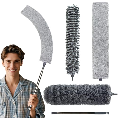 Image of 4 Pcs Dusters for Cleaning, 2-9 Ft Duster with Extension Pole, Cobweb Duster with Extension Pole, Duster for Cleaning High Ceilings, Fans, Furniture, Spider Webs(Grey)