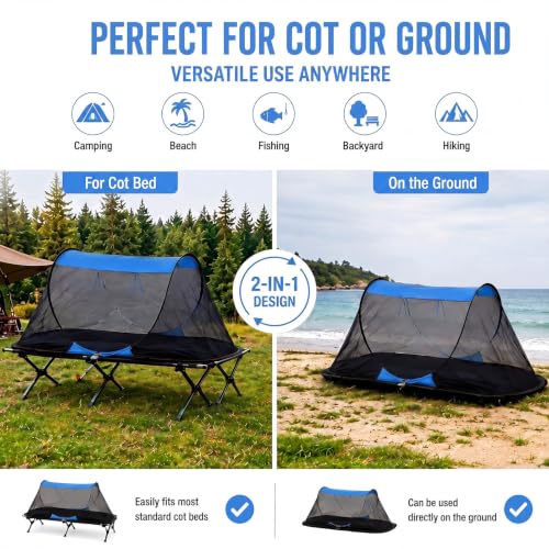 Image of Pop up Mosquito Tent for Camping, 86.6 x 41 x 35 Inch Bug Net Tent with Instant Automatic Setup, Lightweight Portable Screen Net Fits Most Camping Cot for Outdoor Hiking Travel(Blue)