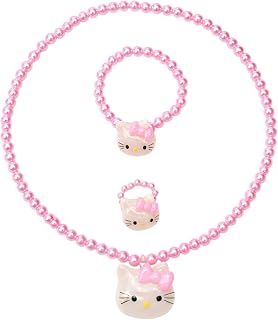 SYGA 3-Piece Girls Kitty Pearl Jewelry Set | Made with Non-Toxic Acrylic Beads & Resin Charms | Cute Pink Bow Kitty Design Price In India