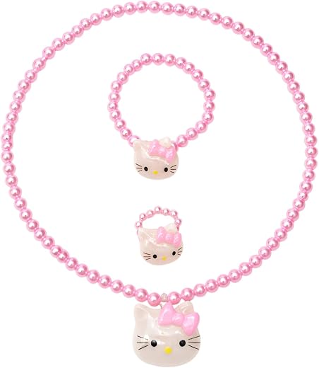 SYGA 3-Piece Girls Kitty Pearl Jewelry Set | Made with Non-Toxic Acrylic Beads &amp; Resin Charms | Cute Pink Bow Kitty Design