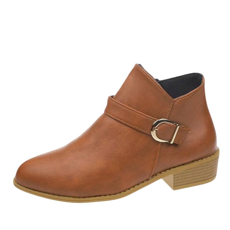 WomenS Leather Buckle Strap Chunky Ankle Boots With Side Zipper Fashion Pointed Toe Stacked Block Low Heel Non