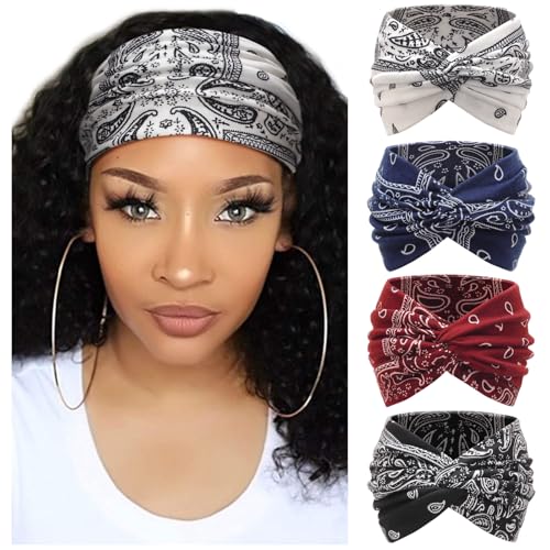Image of DRESHOW 4 Pack Turban Headbands for Women Wide Vintage Head Wraps Knotted Cute Hair Band Accessories
