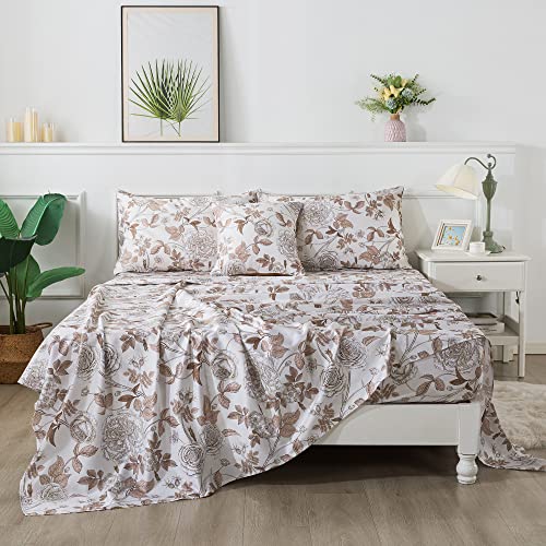 Image of FADFAY Sheets Set Full Vintage White and Brown Floral Bedding Elegant Peony Sheets Set Shabby Rose Farmhouse Bedding 100% Egyptian Cotton 800 Thread Count Deep Pocket Fitted Sheet 4Pcs, Full Size