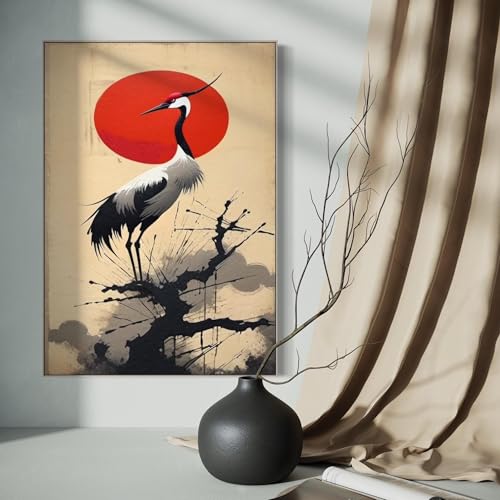 Peinture grue japonaise sur toile grand format d'art mural zen