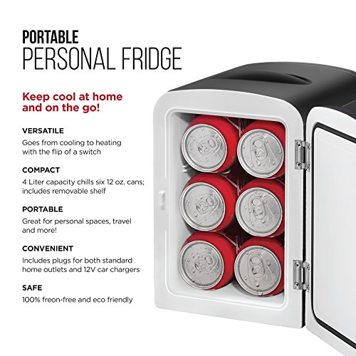 Chefman Mini Portable Black Personal Fridge Cools Or Heats And Provides Compact Storage For Skincare, Snacks, Or 6 12Oz Cans W/A Lightweight 4-Liter Capacity To Take On The Go #TOP1