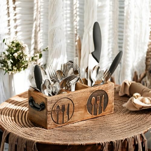 Image of Ikari Homes Wooden Antique Cutlery Holder I Cutlery Organizer I Boho Wooden Caddy I Spoon knife Fork Tissue Holder Stand I Cutlery Stand - Spoon Fork engraved design