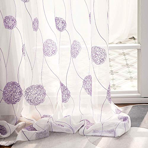 MIULEE Embroidery Sheer Curtains Flora Design Grommet Window Curtain Semi Voile Drapes Panels with Eyelets Window Treatments for Living Room Bedroom 2 Panels 55" W x 69" L Purple - Image 3