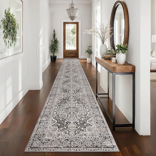 KUTA Vintage Washable Runners for Hallways 2.6x16, Non-Slip 16ft Extra Long Kitchen Runner Rug, Ultra Soft Printed Floral Medallion Stair Runners Indoor for Bedroom Tan Grey