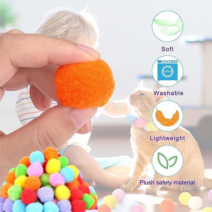 Miniatura 8 de Juguete lanzador de bolas para gatos, 50 bolas de pompón de gato de 1.2 pulgadas y 2 lanzadores de bolas para gatos, bolas interactivas suaves para