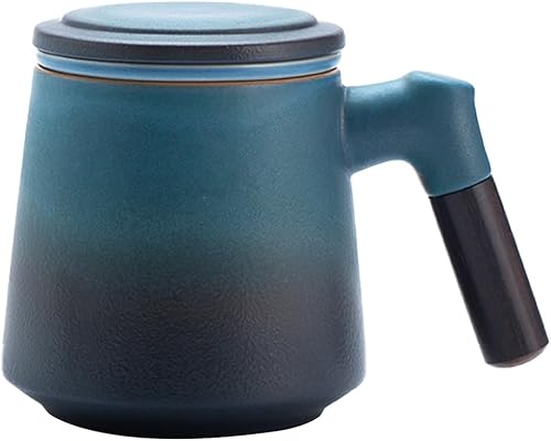 ZENS Taza de té con infusor y tapa, mango de madera, taza de té suelta de 12 onzas, taza de cerámica mate para regalos de té, negro y azul