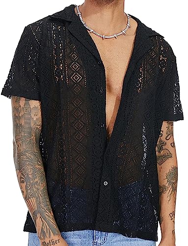 AIEOE Hommes Chemise en Dentelle à Manches Courtes Décontractée Haut T-Shirt Transparent d'Été Transparente Noir EU Taille XL/Taille Label XXL