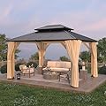 LVUYOYO 11' x 13' Wood Gazebo, Outdoor Hardtop Gazebo, Double Galvanized Steel Roof Pergola with Curtains and Nettings, Wooden Pavilion for Patio, Backyard, Deck, Garden