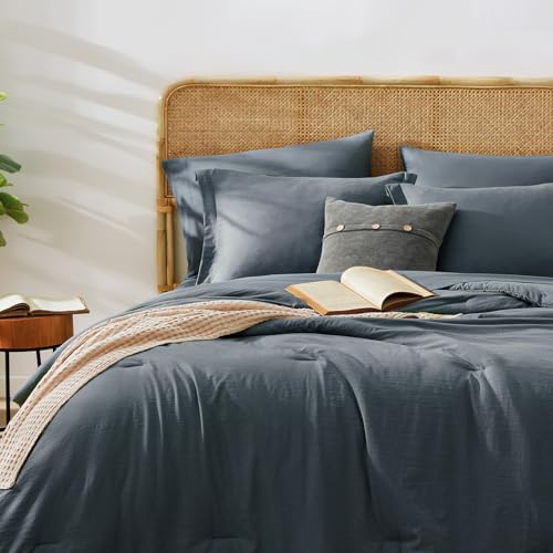 Image of Queen Comforter Set-7 Pieces Soft Prewashed Bed in a Bag Queen Bedding Sets | All Season Comforter with Sheets, Pillow Shams & Pillowcases,Blue Grey