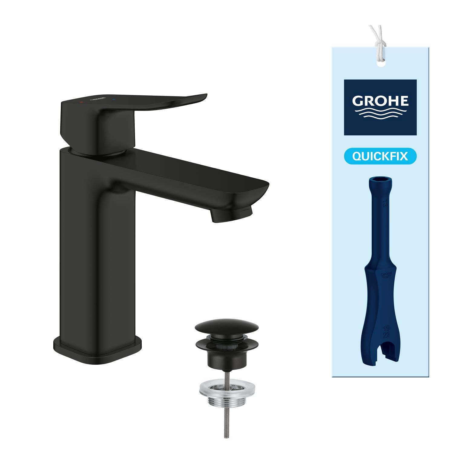 GROHE Dice Grifo de Lavabo M con Desagüe Push-Open (Cartucho Cerámico 28 mm, Ahorro de Agua y Energía, Conexiones 3/8", Fácil de Instalar QuickTool Incluido), Negro Mate, 1018362430