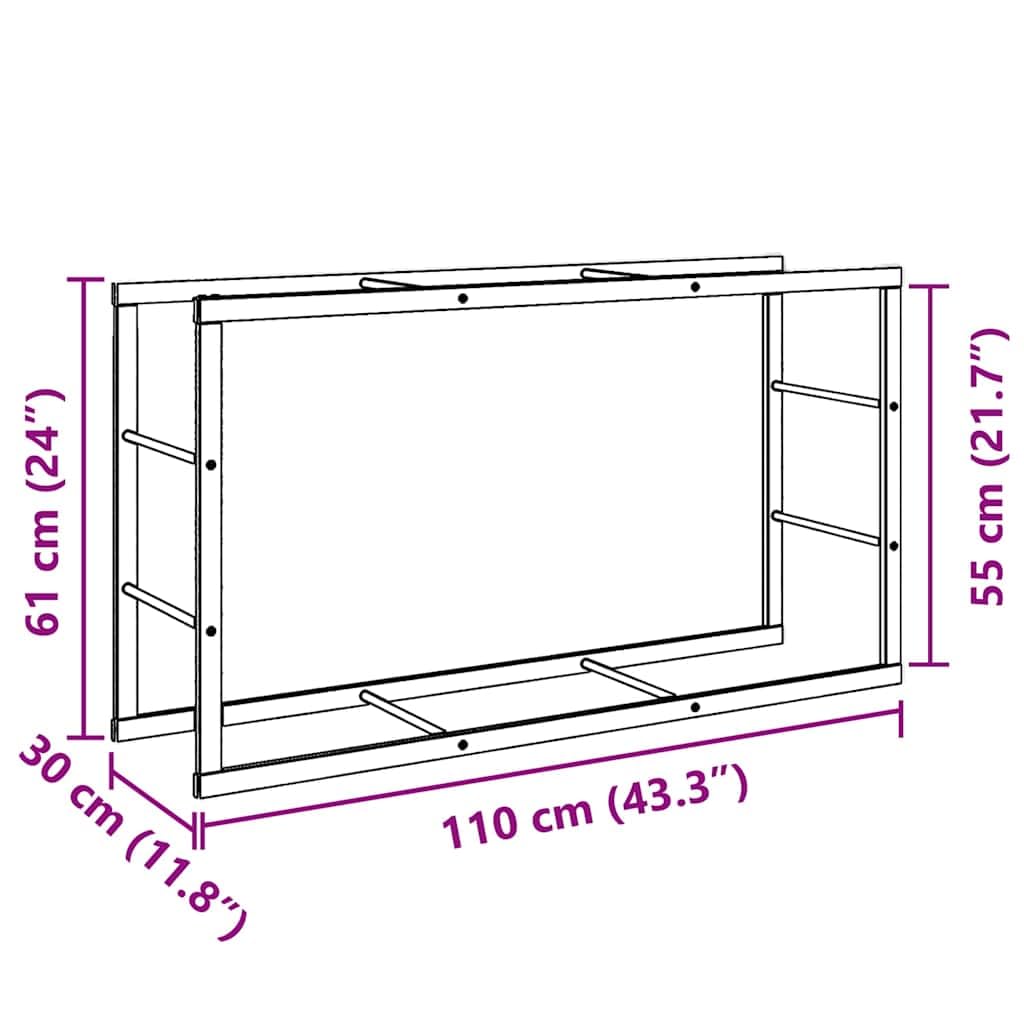 Estantería para leña negra 110 x 30 x 61 cm de acero para troncos de leña, almacenamiento de leña para interiores, ahorra espacio con soporte de pared