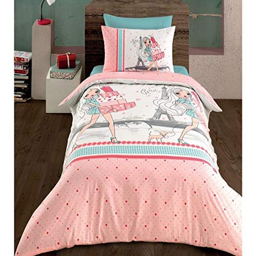 Housse de Couette Paris Shopping, Rose, Enfant, 140x200cm, 1 Personne, 100% Coton Renforcé, Lavable à 60°C, Fermeture Zippée Cover