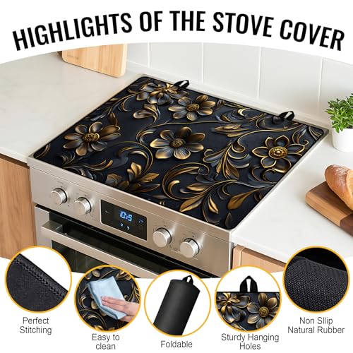 Image of NYZE Stove Cover for Electric and Glass Stove Tops 3-in-1 Stove Mat, Heat Resistant Counter Protector Mat, Non-Slip Surface & Drying Rack (Black Flowers, 28.5 inchLx20.5 inchW)