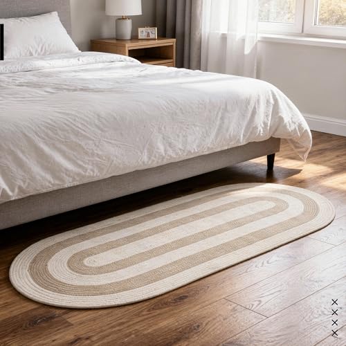 Image of Encasa XO Oval Braided Rug for Living Room & Bedroom | Cotton Blend Reversible Floor Carpet | Handwoven Natural Fiber Carpet | Washable Area Rug for Home Decor | Beige & Off-White (60x150 cm) | 2x5 Ft