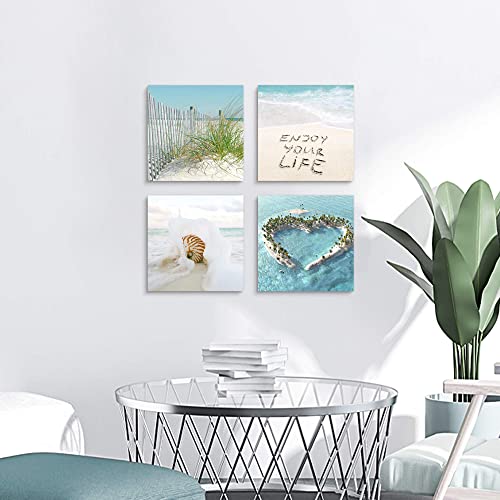 Bathroom Beach Coastal Wall Art - 4 Pieces Tropical Ocean Wave Seashell Nature Picture Contemporary Relaxing Seascape Canvas Print Blue Sea Scenery Artwork Modern Landscape Painting For Bedroom Living Room #TOP2