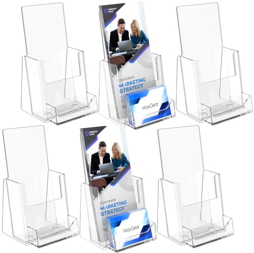 MaxGear Brochure Holder 4 inch, Acrylic Brochure Holders with Business Card Holder Countertop Brochure Display Stand Clear Literature Holder Plastic Flyer Holder for Pamphlet, Booklet, Menu, 6 Packs