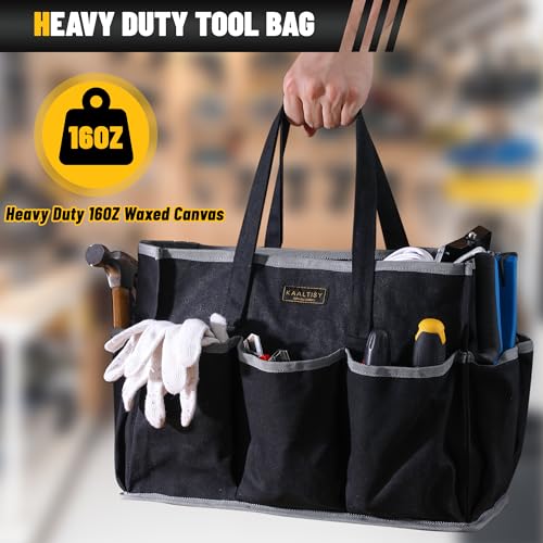 Canvas Tool Tote Bag, Heavy Duty 16oz Waxed Canvas Tool Storage Pouch with 1 Large Compartment & 10 Small Pockets | Multi-Purpose Garden Tool Bag for Horticulturists Mechanics Craftsmen – Black by Kaaltisy - Used condition - Image 4