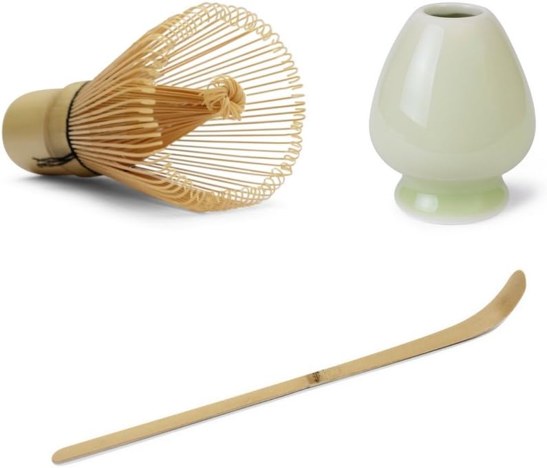 Matcha Whisk Bundle Set (3 Piece) - Consisting of Bamboo Matcha Whisk, Bamboo Matcha Spoon or Scoop and Ceramic Matcha Whisk Holder (Green)