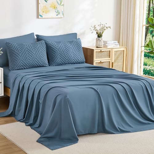 Image of Andency Super King Plus Comforter Set Ocean Blue - 7 Pieces Bed in a Bag Oversized King Bedding Sets, Boho Tufted Lightweight Fluffy Bed Set with Comforter, Sheets, Pillowcases & Shams
