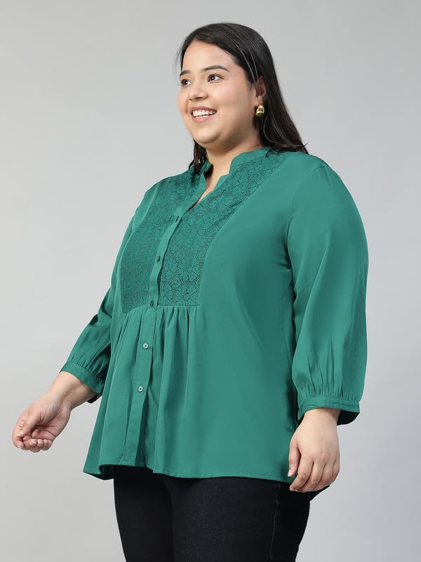 Image of oxolloxo Plus Size Polyester Casual Tops | Relaxed Fit Solid Solid V-Neck |Regular Curved Tops ForPlus Size Women |Green