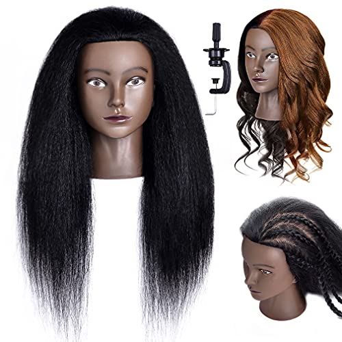 Mannequin Head with Human Hair, 100% Real Hair Cosmetology Mannequin Head Hair Doll head Training Styling Head Manikin for Hair Styling with Free Table Mannequin Stand(20"-22") (1#)