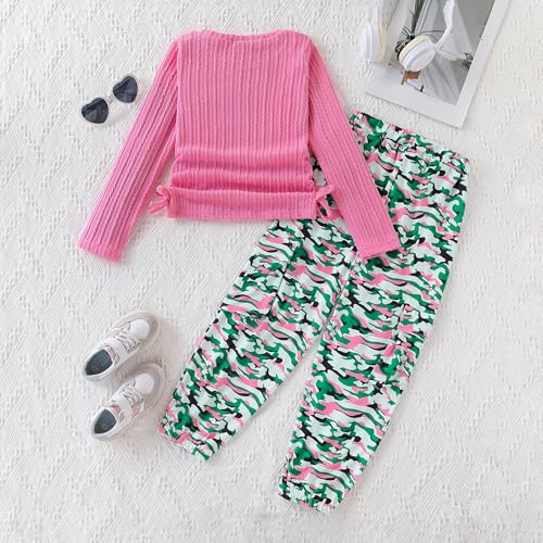 Image of Azmxynol Girls Clothes 2 Piece Outfit Ribbed T-Shirt Top + Cargo Pants, Girls Fall Clothing Set, Sizes 5-16 Years