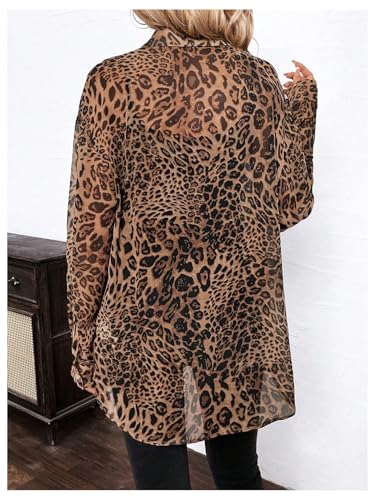 Milumia Women's Leopard Cheetah Sheer Mesh Button Down Shirt Long Sleeve Drop Shoulder Blouse Top2