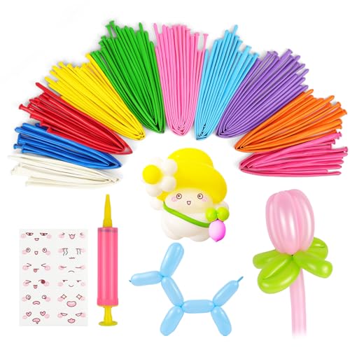 AOOTE Globos Largos,100 Piezas Globos para Modelar,DIY Largo Forma Globos con 1 Bomba de Aire Manual y 1 Pegatina de Expresión,Globo Largo del Látex para Animales,Bodas,Decoración de Fiestas