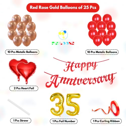 Image of Flyloons 35th Happy Anniversary Decoration Items Red Rose Gold for Men Women Husband Wife Mom Dad Parent Couple Home Bedroom Car With 20 Pcs Metallic Balloons Anniversary Banner 2 Pcs Heart Set Kit