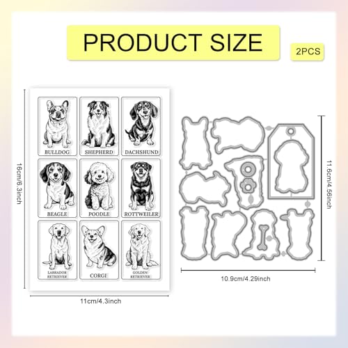 GLOBLELAND Cute Dogs Illustrations Clear Stamp and Cutting Dies Set for Card Making Bulldog Puppy Silicone Transparent Stamps Shepherd Animals Metal Die Cuts for DIY Scrapbooking Photo Album Decor