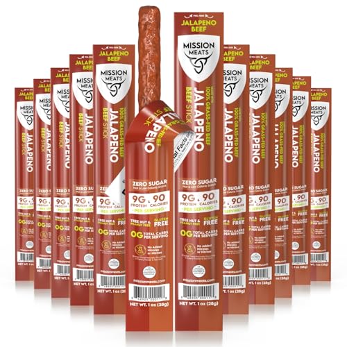 Mission Meats Beef Sticks – 100% Grass Fed & Pasture Raised, Sugar Free, Individually Wrapped Healthy Snacks, Whole 30 & Paleo Friendly, Jalapeno 1oz (Pack of 24)