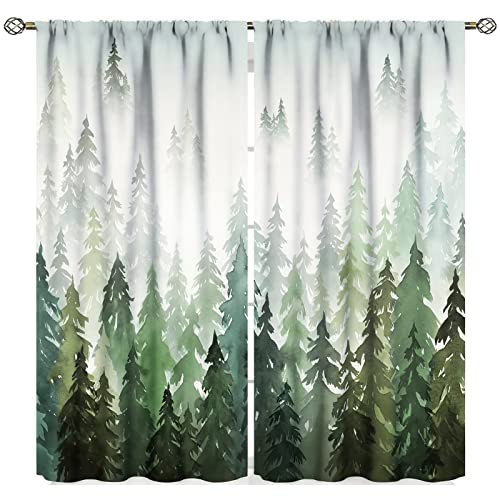 Image of Nature Forest Curtains, Misty Forest Nature Curtains Green Watercolor Woodland Pine Tree Mountain Window Drapes for Living Room Bedroom 42" x 45"