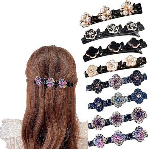 8 piezas de pelo lateral con tres flores, clips de trenzas de cristal para cabello grueso y fino, accesorios de peluquería para niñas y mujeres