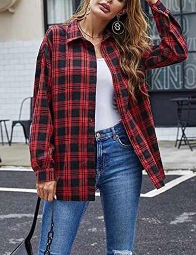 Image of HangNiFang Womens Flannel Plaid Shirts Oversized Button Shirts Blouse Tops