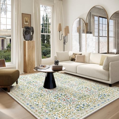 Image of Light Beige Green Area Rug 6x9 - Washable Vintage Living Room Rug for Kids Room, Bedroom, Nursery & Dining Room - Low Pile, Non-Slip & Stain Resistant