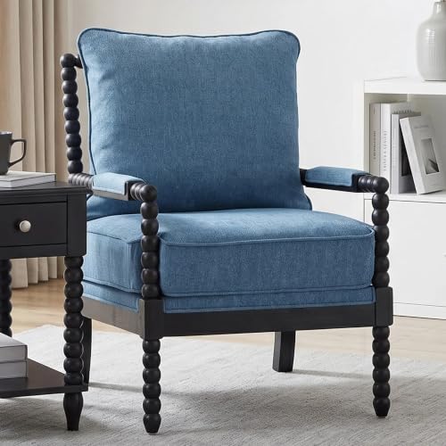 DUHOME Linen Fabric Spindle Accent Chair with Wood Frame,Modern Accent Spool Chairs with Padded Spring Seat and Brushed Blue Base for Living Room Bedroom Farmhouse Home Office Belcony