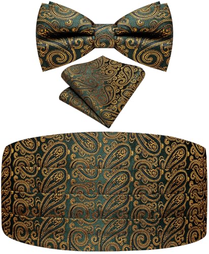 Image of Paisley Floral Tuxedo Cummerbund Bow Tie Pocket Square Set for Men | 3-piece set:cummerbund,bow tie&pocket square.Adjustable back for comfort.Silk blend,wedding,proms,black tie&formal events.