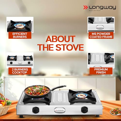 Image of Longway Stellar Stainless Steel Top, 2 Burner Manual Ignition Stainless Steel Gas Stove (Silver, ISI Certified, 2 Year Warranty)